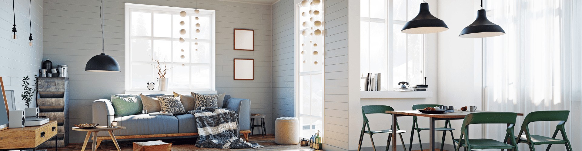 Interni luminosi: soggiorno con divano e sala da pranzo con tavolo. Design accogliente per la tua casa.